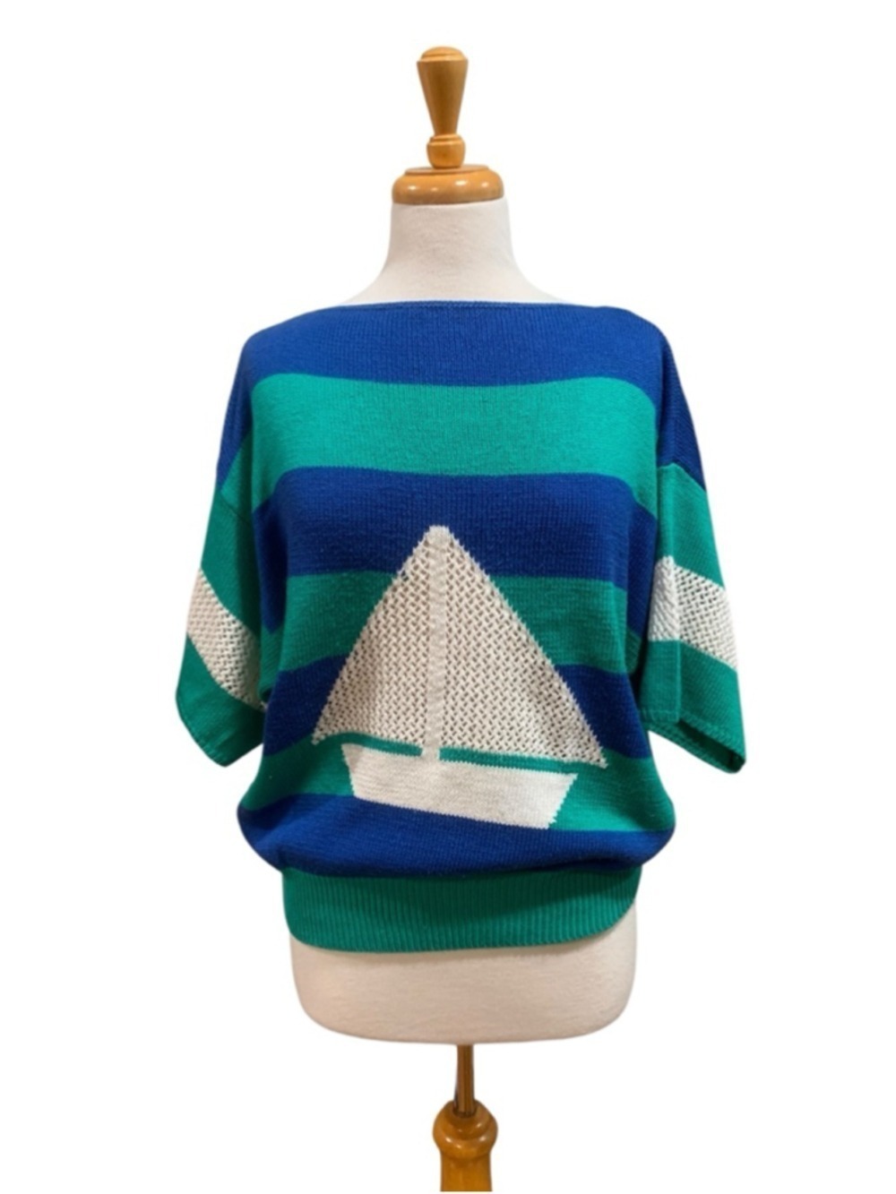 Vntg 80’s Catalina Blue Green Striped Sailboat Crew Neck Sweater L